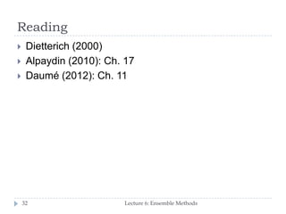 Reading
Lecture 6: Ensemble Methods32
 Dietterich (2000)
 Alpaydin (2010): Ch. 17
 Daumé (2012): Ch. 11
 