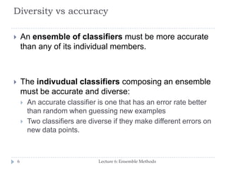 Diversity vs accuracy
Lecture 6: Ensemble Methods6
 An ensemble of classifiers must be more accurate
than any of its individual members.
 The indivudual classifiers composing an ensemble
must be accurate and diverse:
 An accurate classifier is one that has an error rate better
than random when guessing new examples
 Two classifiers are diverse if they make different errors on
new data points.
 