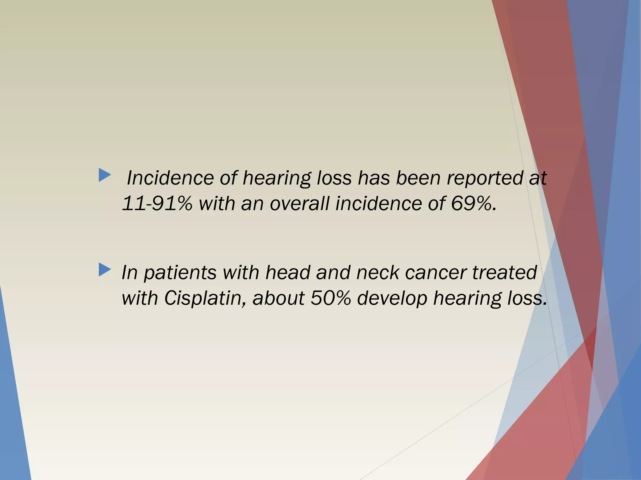  Incidence of hearing loss has been reported at
11-91% with an overall incidence of 69%.
 In patients with head and neck cancer treated
with Cisplatin, about 50% develop hearing loss.
 