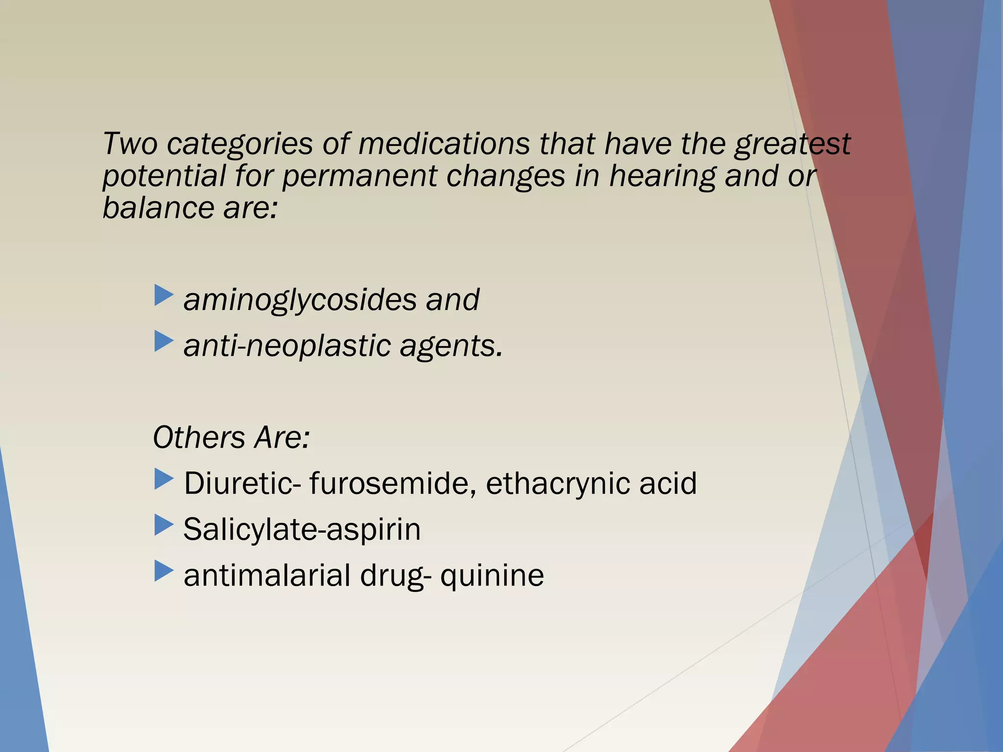 Two categories of medications that have the greatest
potential for permanent changes in hearing and or
balance are:
 aminoglycosides and
 anti-neoplastic agents.
Others Are:
 Diuretic- furosemide, ethacrynic acid
 Salicylate-aspirin
 antimalarial drug- quinine
 