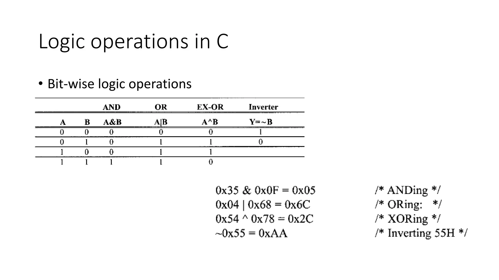 Logic operations in C
• Bit-wise logic operations