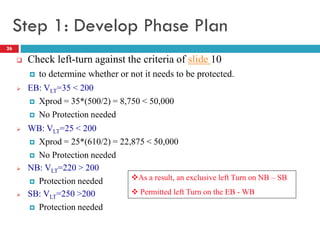 26
Step 1: Develop Phase Plan
 Check left-turn against the criteria of slide 10
 to determine whether or not it needs to be protected.
 EB: VLT=35 < 200
 Xprod = 35*(500/2) = 8,750 < 50,000
 No Protection needed
 WB: VLT=25 < 200
 Xprod = 25*(610/2) = 22,875 < 50,000
 No Protection needed
 NB: VLT=220 > 200
 Protection needed
 SB: VLT=250 >200
 Protection needed
As a result, an exclusive left Turn on NB – SB
 Permitted left Turn on the EB - WB
 