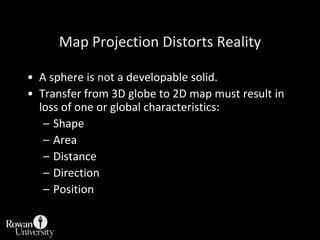 Equidistance—where distance is preserved between two points.The Variables in Map ProjectionGnomonicPlaneLight SourceProjection SurfaceStereographicCylinderVarieties ofgeometric projectionsOrthographicConeTransverse   ObliqueNormalProjection Orientation or Aspect