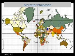Conformal ProjectionsRetain correct angular relations in transfer from globe to map.Angles correct for small areas.Scale same in any direction around a point, but scale changes from point to point.Parallels and meridians cross at right angles.Large areas tend to look more like they do on the globe than is true for other projections.Examples: Mercator and Lambert Conformal Conic