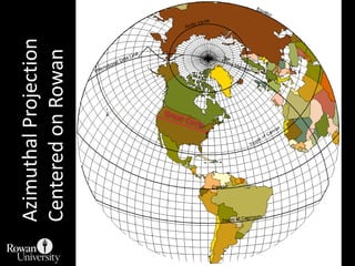 Azimuthal ProjectionsNorthStraight line drawn between two points depicts correct:Great circle routeAzimuthAzimuth = angle between starting point of a line and northLine can originate from only one point on map.Azimuth of green line