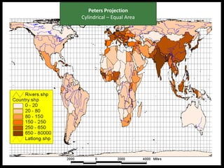 Cylindrical ProjectionsCylinder wrapped around globe:Scale factor = 1 at equator [normal aspect]Meridians are evenly spaced.  As one moves poleward, equal longitudinal distance on the map represents less and less distance on the globe.Parallel spacing varies depending on the projection.  For instance different light sources result in different spacing.