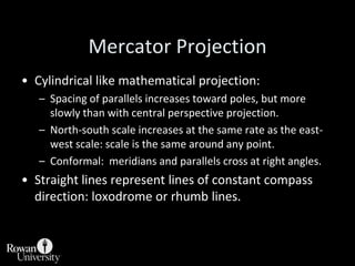 Central Perspective CylindricalLight source at center of globe.Spacing of parallels increases rapidly toward poles.  Spacing of meridians stays same.Increase in north-south scale toward poles.Increase in east-west scale toward poles.Dramatic area distortion toward poles.