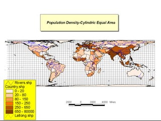 Cylindrical Equal AreaLight source: orthographic.Parallel spacing decreases toward poles.Decrease in N-S spacing of parallels is exactly offset by increase E-W scale of meridians.   Result is equivalent projection.Used for world maps.