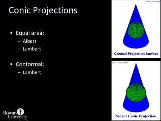 ConicsGlobe projected onto a cone, which is then opened and flattened.Chief differences among conics result from:Choice of standard parallel.Variation in spacing of parallels.Transverse or oblique aspect is possible, but rare.All polar conics have straight meridians.Angle between meridians is identical for a given standard parallel.