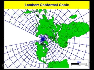 Lambert Conformal ConicParallels are arcs of concentric circles.Meridians are straight and converge on one point.Parallel spacing is set so that N-S and E-W scale factors are equal around any point.Parallels and meridians cross at right angles.Usually done as secant interface.Used for conformal mapping in mid-latitudes for maps of great east-west extent.