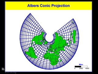 Albers Equal Area ConicUsed for mapping regions of great east-west extent.Projection is equal area and yet has very small scale and shape error when used for areas of small latitudinal extent.