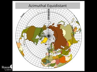 Azimuthal ProjectionsProjection to the plane.All aspects: normal, transverse, oblique.Light source can be gnomonic, stereographic, or orthographic.Common characteristics:great circles passing through point of tangency are straight lines radiating from that point.these lines all have correct compass direction. points equally distant from center of the projection on the globe are equally distant from the center of the map.