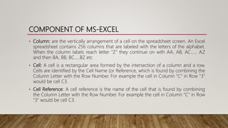 COMPONENT OF MS-EXCEL
• Column: are the vertically arrangement of a cell on the spreadsheet screen. An Excel
spreadsheet contains 256 columns that are labeled with the letters of the alphabet.
When the column labels reach letter "Z" they continue on with AA, AB, AC...... AZ
and then BA, BB, BC.....BZ etc
• Cell: A cell is a rectangular area formed by the intersection of a column and a row.
Cells are identified by the Cell Name (or Reference, which is found by combining the
Column Letter with the Row Number. For example the cell in Column "C" in Row "3"
would be cell C3.
• Cell Reference: A cell reference is the name of the cell that is found by combining
the Column Letter with the Row Number. For example the cell in Column "C" in Row
"3" would be cell C3.
 