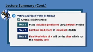 Lecture Summary (Cont.)
Voting Approach works as follows
Step 1 Make individual predictions using different Models
Step 2 Combine predictions of individual Models
Step 3 Final Prediction of x will be the class which has
the majority vote
Given a Test instance x
 