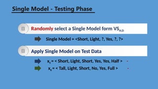 Single Model = <Short, Light, ?, Yes, ?, ?>
Apply Single Model on Test Data
Randomly select a Single Model form VSH,D
x5 = < Short, Light, Short, Yes, Yes, Half > -
x6 = < Tall, Light, Short, No, Yes, Full > -
Single Model - Testing Phase
 