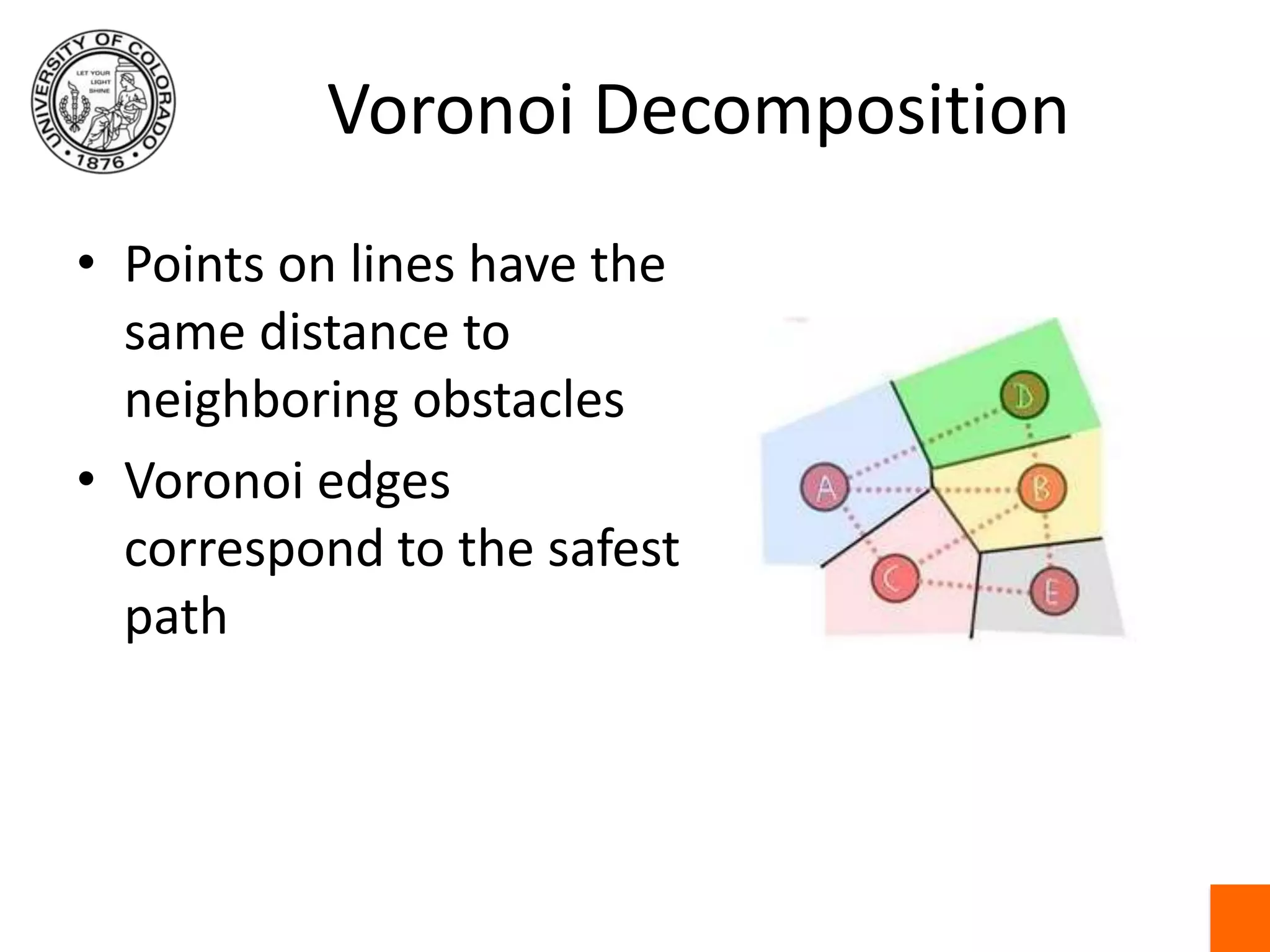 Voronoi DecompositionPoints on lines have the same distance to neighboring obstaclesVoronoi edges correspond to the safest path