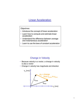 Linear Acceleration


Objectives:
• Introduce the concept of linear acceleration
• Learn how to compute and estimate linear
  acceleration
• Understand the difference between average
  and instantaneous acceleration
• Learn to use the laws of constant acceleration




                Change in Velocity
• Because velocity is a vector, a change in velocity
  is also a vector
• Change in velocity has magnitude and direction

     vy (m/s)

                             ∆v = change
                                  from vinitial to vfinal
                   vintial
                                  vfinal
                                                 vx (m/s)




                                                            1
 