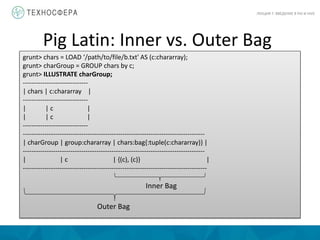 Pig Latin: Inner vs. Outer Bag
ЛЕКЦИЯ 7: ВВЕДЕНИЕ В PIG И HIVE
grunt> chars = LOAD ‘/path/to/file/b.txt' AS (c:chararray);
grunt> charGroup = GROUP chars by c;
grunt> ILLUSTRATE charGroup;
------------------------------
| chars | c:chararray |
------------------------------
| | c |
| | c |
------------------------------
------------------------------------------------------------------------------------
| charGroup | group:chararray | chars:bag{:tuple(c:chararray)} |
------------------------------------------------------------------------------------
| | c | {(c), (c)} |
-------------------------------------------------------------------------------------
Inner Bag
Outer Bag
 