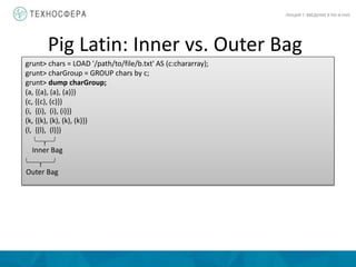 Pig Latin: Inner vs. Outer Bag
ЛЕКЦИЯ 7: ВВЕДЕНИЕ В PIG И HIVE
grunt> chars = LOAD '/path/to/file/b.txt' AS (c:chararray);
grunt> charGroup = GROUP chars by c;
grunt> dump charGroup;
(a, {(a), (a), (a)})
(c, {(c), (c)})
(i, {(i), (i), (i)})
(k, {(k), (k), (k), (k)})
(l, {(l), (l)})
Inner Bag
Outer Bag
 