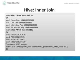 Hive: Inner Join
ЛЕКЦИЯ 7: ВВЕДЕНИЕ В PIG И HIVE
hive> select * from posts limit 10;
OK
user1 Funny Story 1343182026191
user2 Cool Deal 1343182133839
user4 Interesting Post 1343182154633
user5 Yet Another Blog 1343183939434
hive> select * from likes limit 10;
OK
user1 12 1343182026191
user2 7 1343182139394
user3 0 1343182154633
user4 50 1343182147364
Time taken: 0.103 seconds
hive> CREATE TABLE posts_likes (user STRING, post STRING, likes_count INT);
OK
 