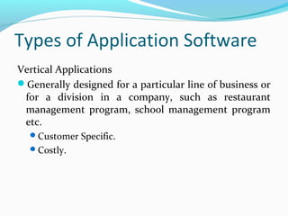 Types of Application Software
Vertical Applications
Generally designed for a particular line of business or
for a division in a company, such as restaurant
management program, school management program
etc.
Customer Specific.
Costly.
 