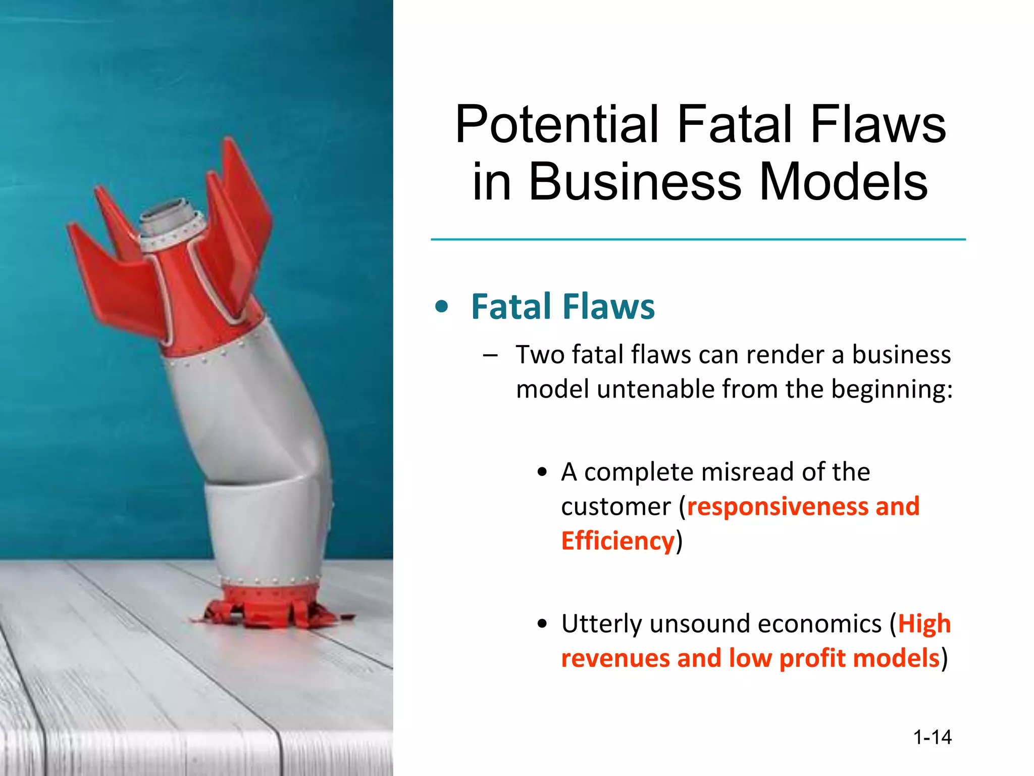 Potential Fatal Flaws
in Business Models
• Fatal Flaws
– Two fatal flaws can render a business
model untenable from the beginning:
• A complete misread of the
customer (responsiveness and
Efficiency)
• Utterly unsound economics (High
revenues and low profit models)
1-14
 