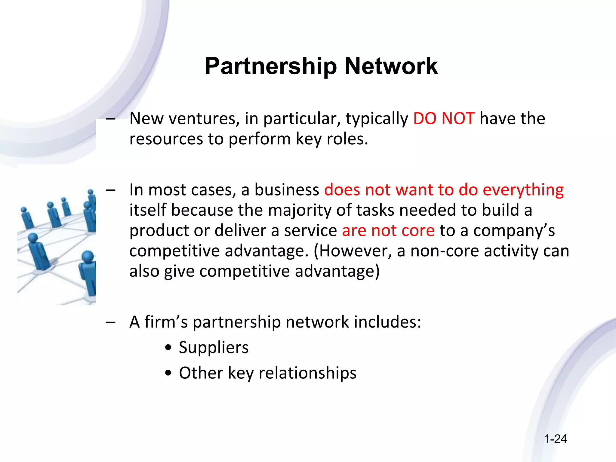 Partnership Network
– New ventures, in particular, typically DO NOT have the
resources to perform key roles.
– In most cases, a business does not want to do everything
itself because the majority of tasks needed to build a
product or deliver a service are not core to a company’s
competitive advantage. (However, a non-core activity can
also give competitive advantage)
– A firm’s partnership network includes:
• Suppliers
• Other key relationships
1-24
 