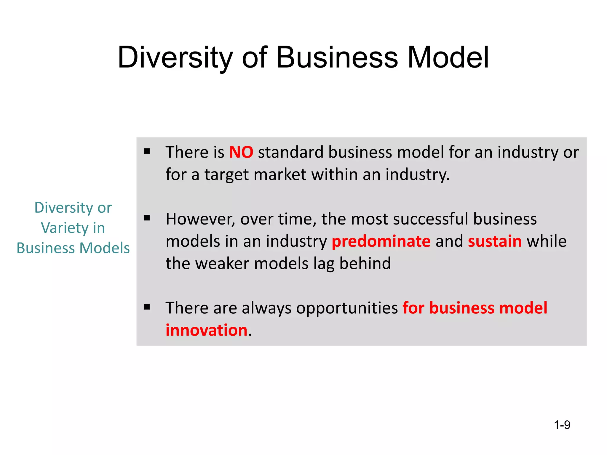Diversity of Business Model
1-9
 There is NO standard business model for an industry or
for a target market within an industry.
 However, over time, the most successful business
models in an industry predominate and sustain while
the weaker models lag behind
 There are always opportunities for business model
innovation.
Diversity or
Variety in
Business Models
 