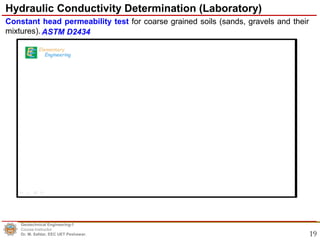 19
Constant head permeability test for coarse grained soils (sands, gravels and their
mixtures).
Geotechnical Engineering-1
Course Instructor
Dr. M. Safdar, EEC UET Peshawar.
Hydraulic Conductivity Determination (Laboratory)
ASTM D2434
 
