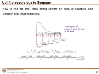 45
Now to find the total force acting upward on base of structure. Use
Simpson rule/Trapezodial rule.
Geotechnical Engineering-1
Course Instructor
Dr. M. Safdar, EEC UET Peshawar.
Uplift pressure due to Seepage
 