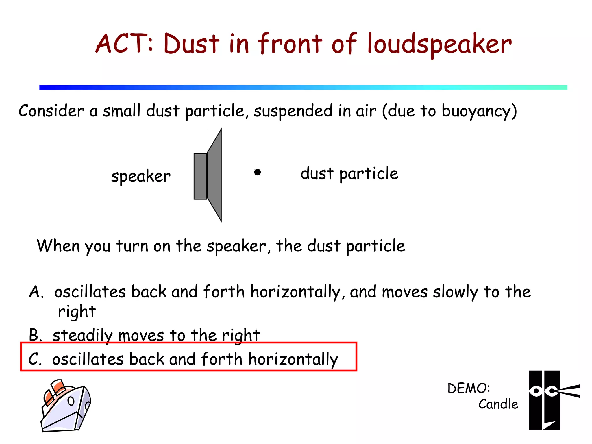 ACT: Dust in front of loudspeaker
Consider a small dust particle, suspended in air (due to buoyancy)

speaker

dust particle

When you turn on the speaker, the dust particle
A. oscillates back and forth horizontally, and moves slowly to the
right
B. steadily moves to the right
C. oscillates back and forth horizontally
DEMO:
Candle

 