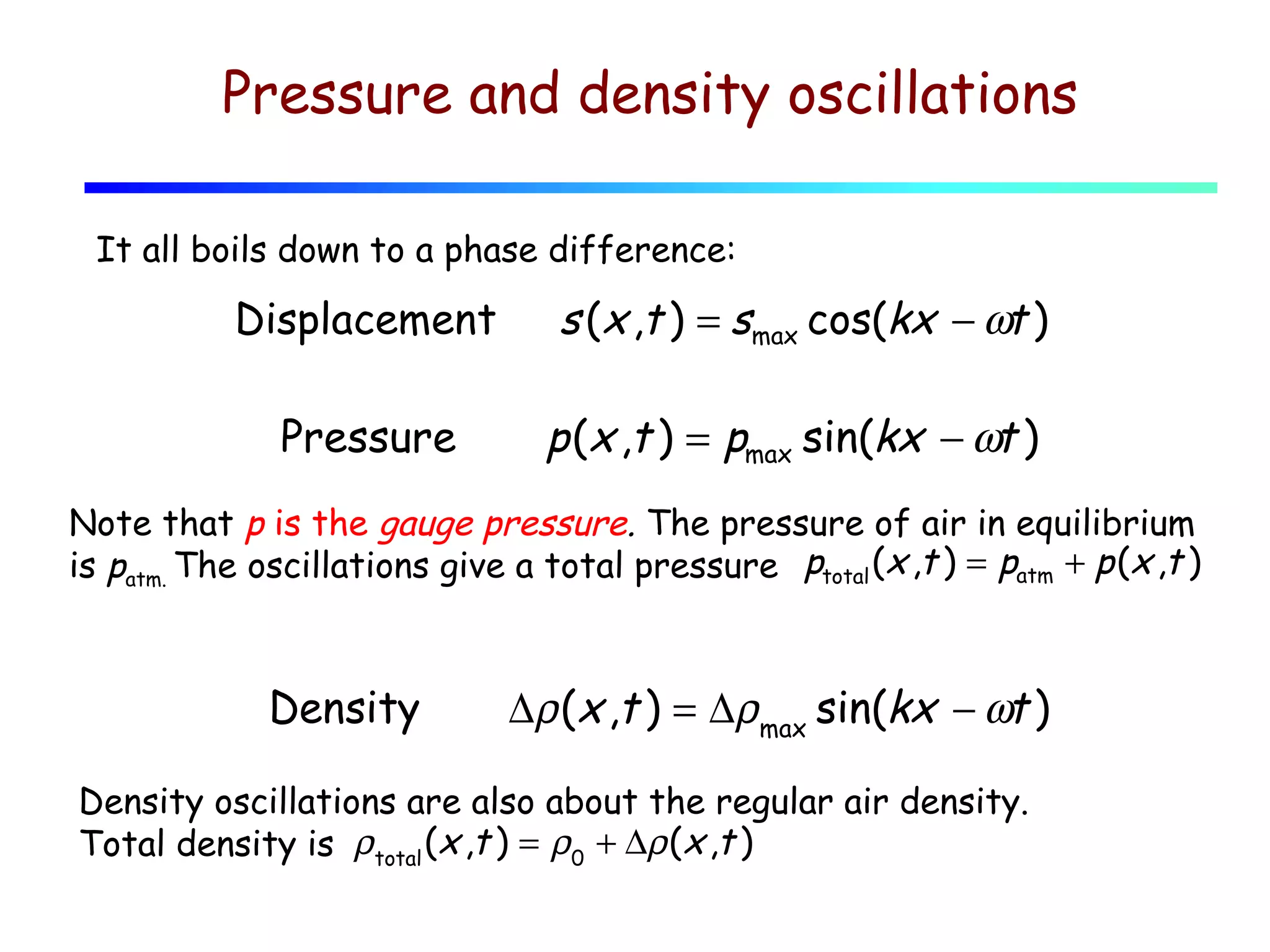 Pressure and density oscillations
It all boils down to a phase difference:

Displacement

s (x ,t ) = smax cos(kx − ωt )

Pressure

p (x ,t ) = pmax sin(kx − ωt )

Note that p is the gauge pressure. The pressure of air in equilibrium
is patm. The oscillations give a total pressure ptotal (x ,t ) = patm + p (x ,t )

Density

∆ρ (x ,t ) = ∆ρmax sin(kx − ωt )

Density oscillations are also about the regular air density.
Total density is ρtotal (x ,t ) = ρ0 + ∆ρ (x ,t )

 