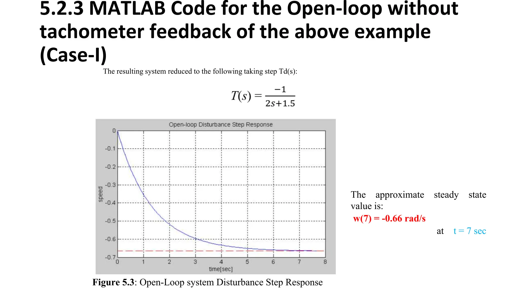 5.2.3 MATLAB Code for the Open-loop without
tachometer feedback of the above example
(Case-I)
The resulting system reduced to the following taking step Td(s):
Figure 5.3: Open-Loop system Disturbance Step Response
The approximate steady state
value is:
w(7) = -0.66 rad/s
at t = 7 sec
 