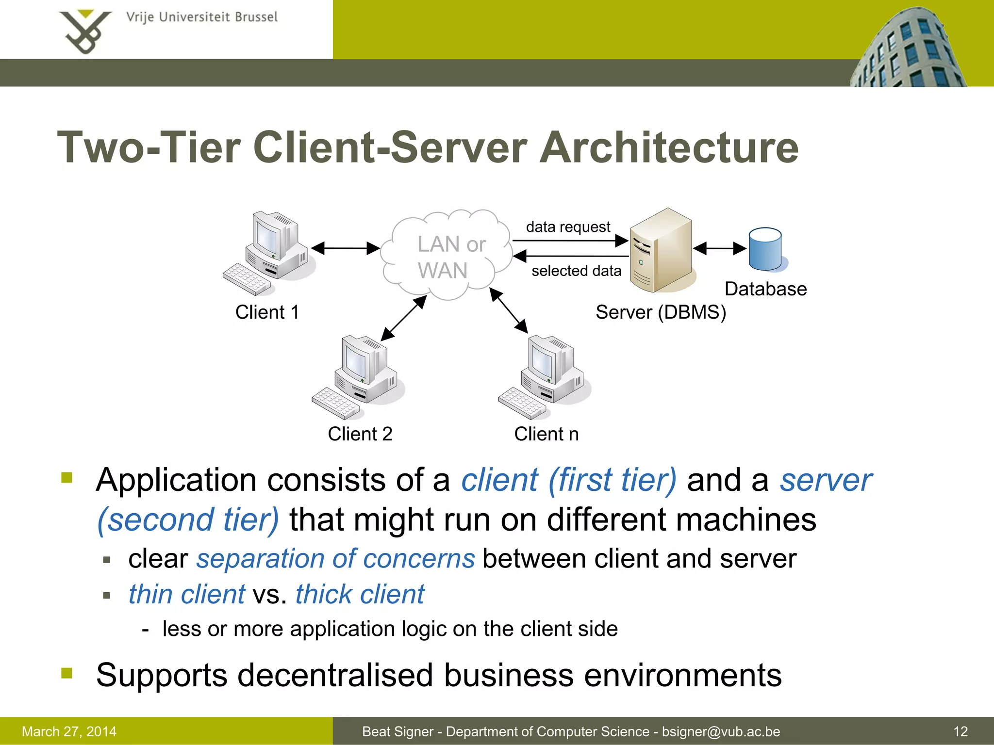 Beat Signer - Department of Computer Science - bsigner@vub.ac.be 12March 31, 2017
Two-Tier Client-Server Architecture
 Application consists of a client (first tier) and a server
(second tier) that might run on different machines
 clear separation of concerns between client and server
 thin client vs. thick client
- less or more application logic on the client side
 Supports decentralised business environments
LAN or
WAN
Client 2 Client n
Client 1 Server (DBMS)
Database
data request
selected data
 