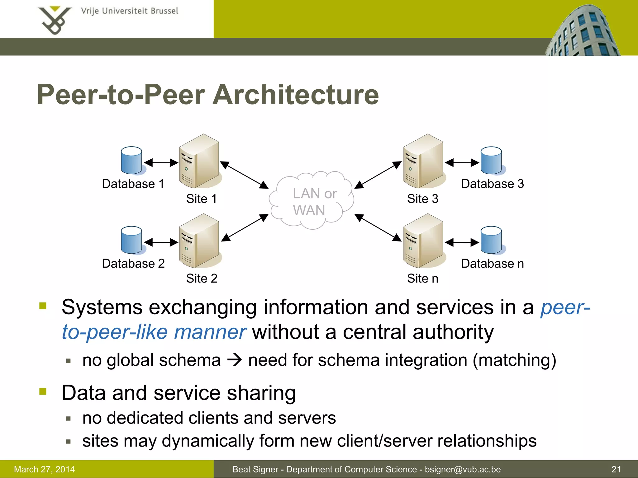 Beat Signer - Department of Computer Science - bsigner@vub.ac.be 21March 31, 2017
Peer-to-Peer Architecture
 Systems exchanging information and services in a peer-
to-peer-like manner without a central authority
 no global schema  need for schema integration (matching)
 Data and service sharing
 no dedicated clients and servers
 sites may dynamically form new client/server relationships
LAN or
WAN
Site 3
Site n
Database 3
Site 2
Database 2
Site 1
Database 1
Database n
 
