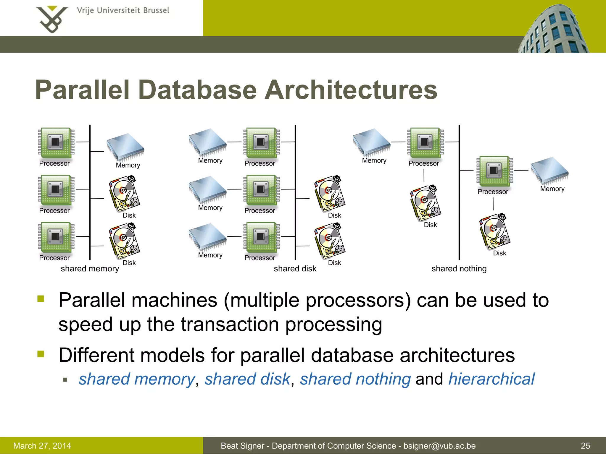 Beat Signer - Department of Computer Science - bsigner@vub.ac.be 25March 31, 2017
Parallel Database Architectures
 Parallel machines (multiple processors) can be used to
speed up the transaction processing
 Different models for parallel database architectures
 shared memory, shared disk, shared nothing and hierarchical
Processor Memory
Processor
Processor
Disk
Disk
shared memory
Processor
Processor
Processor
Disk
Disk
shared disk
Memory
Memory
Memory
Processor
Disk
shared nothing
Memory
Processor
Disk
Memory
 