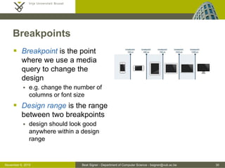Beat Signer - Department of Computer Science - bsigner@vub.ac.be 30October 28, 2016
Breakpoints
 Breakpoint is the point
where we use a media
query to change the
design
 e.g. change the number of
columns or font size
 Design range is the range
between two breakpoints
 design should look good
anywhere within a design
range
 