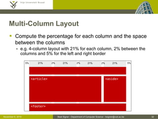 Beat Signer - Department of Computer Science - bsigner@vub.ac.be 32October 28, 2016
Multi-Column Layout
 Compute the percentage for each column and the space
between the columns
 e.g. 4-column layout with 21% for each column, 2% between the
columns and 5% for the left and right border
5% 5%21% 21% 21% 21%2% 2% 2%
<article> <aside>
<footer>
 