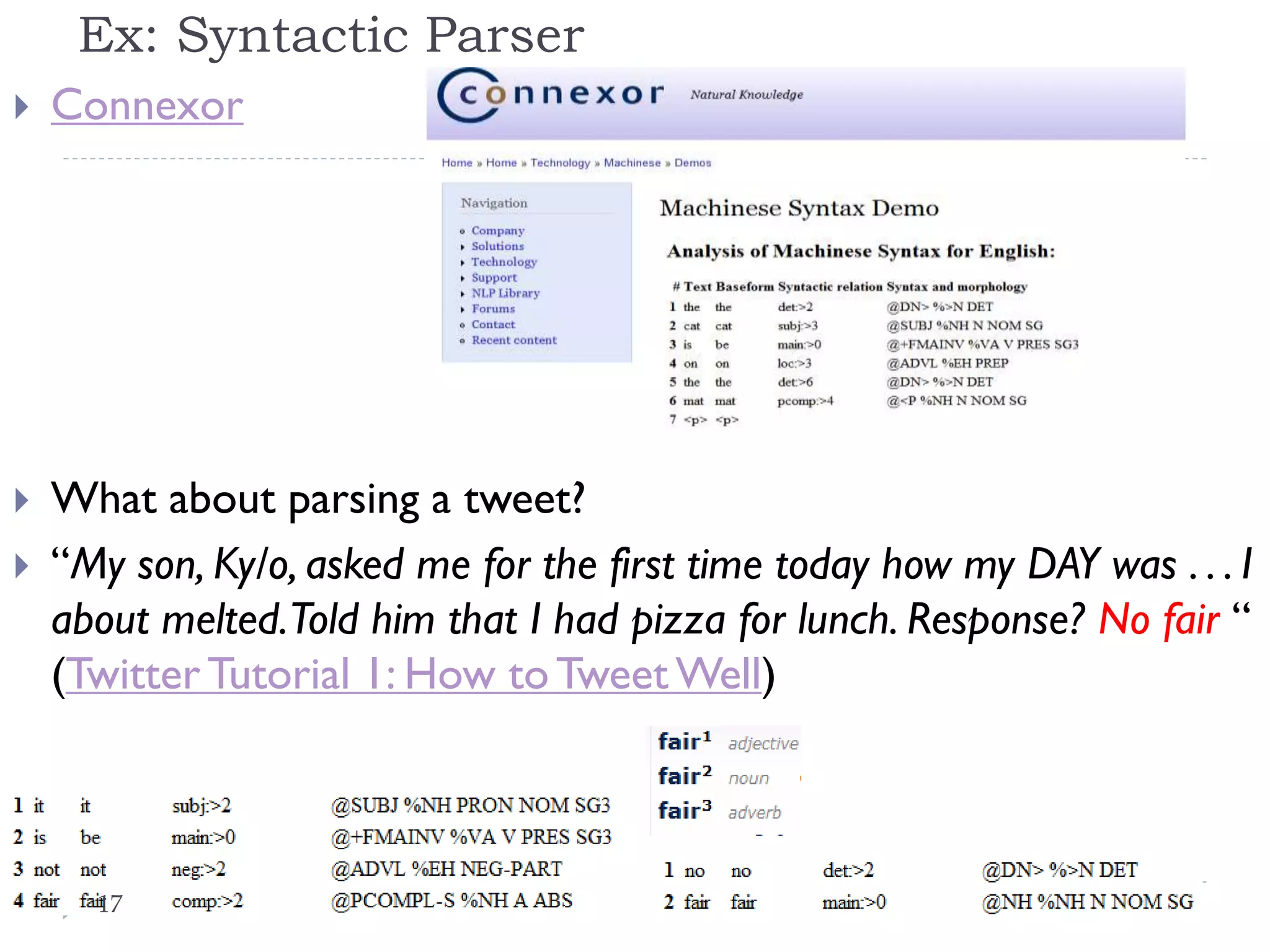 Ex: Syntactic Parser


Connexor



What about parsing a tweet?
“My son, Ky/o, asked me for the first time today how my
DAY was . . . I about melted. Told him that I had pizza for
lunch. Response? No fair “ (Twitter Tutorial 1: How to
Tweet Well)



17

 