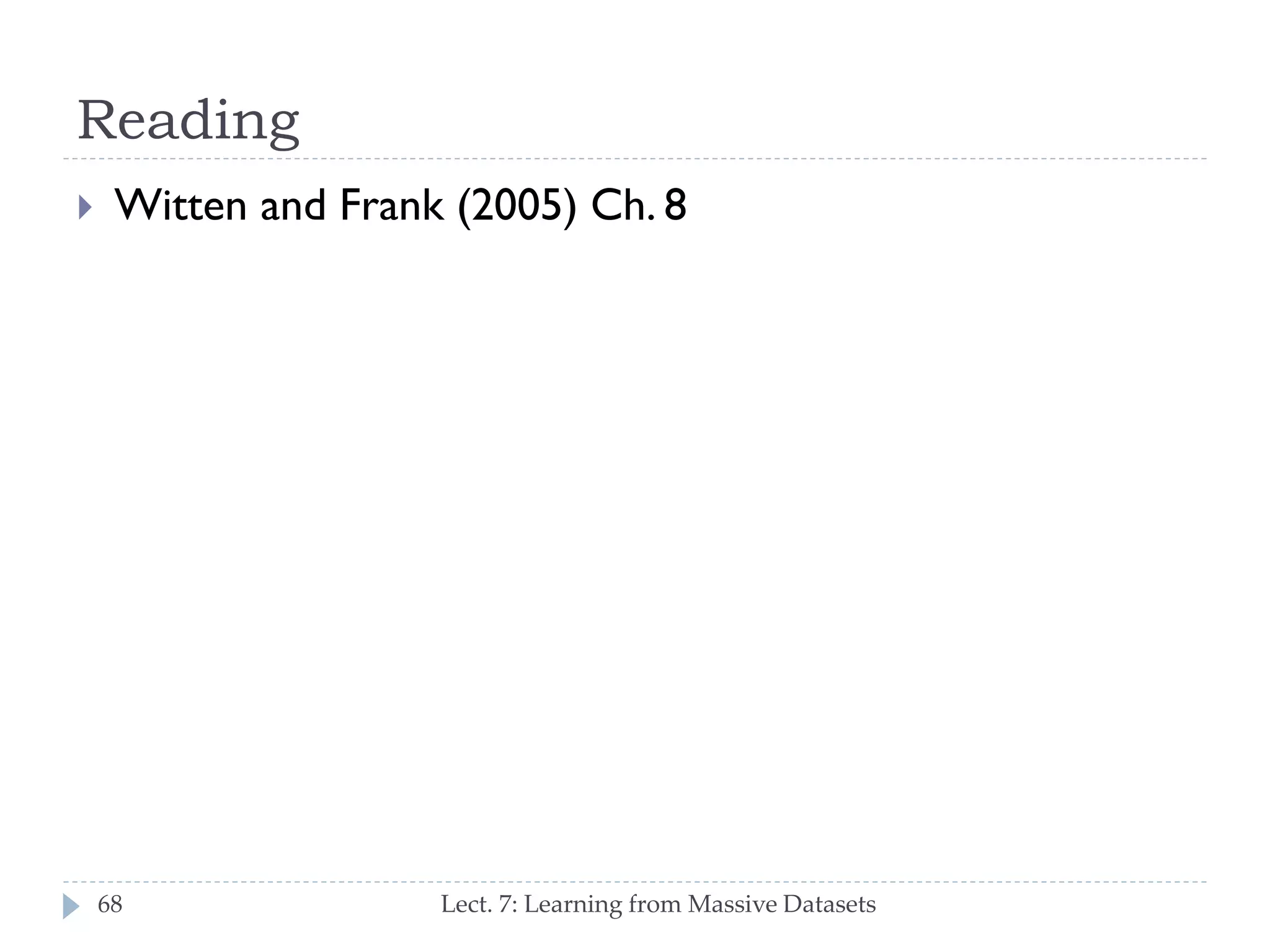 Reading


Witten and Frank (2005) Ch. 8

68

Lect. 7: Learning from Massive Datasets

 