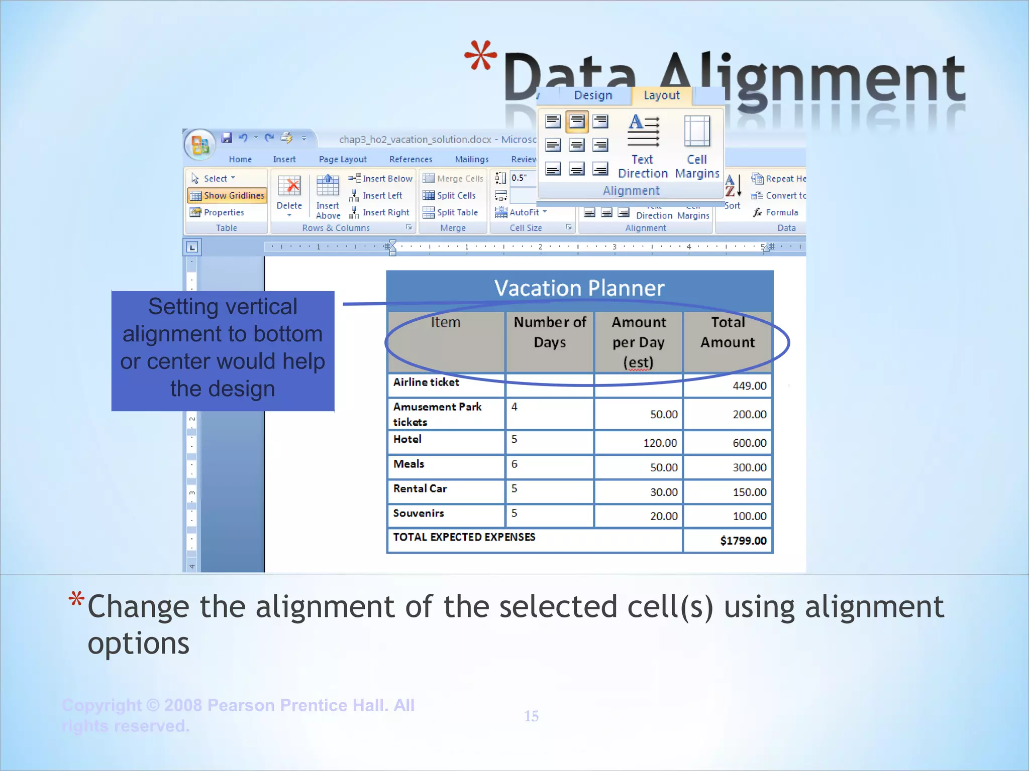 Setting vertical
alignment to bottom
or center would help
the design

* Change the alignment of the selected cell(s) using alignment
options

Copyright © 2008 Pearson Prentice Hall. All
rights reserved.

15

 