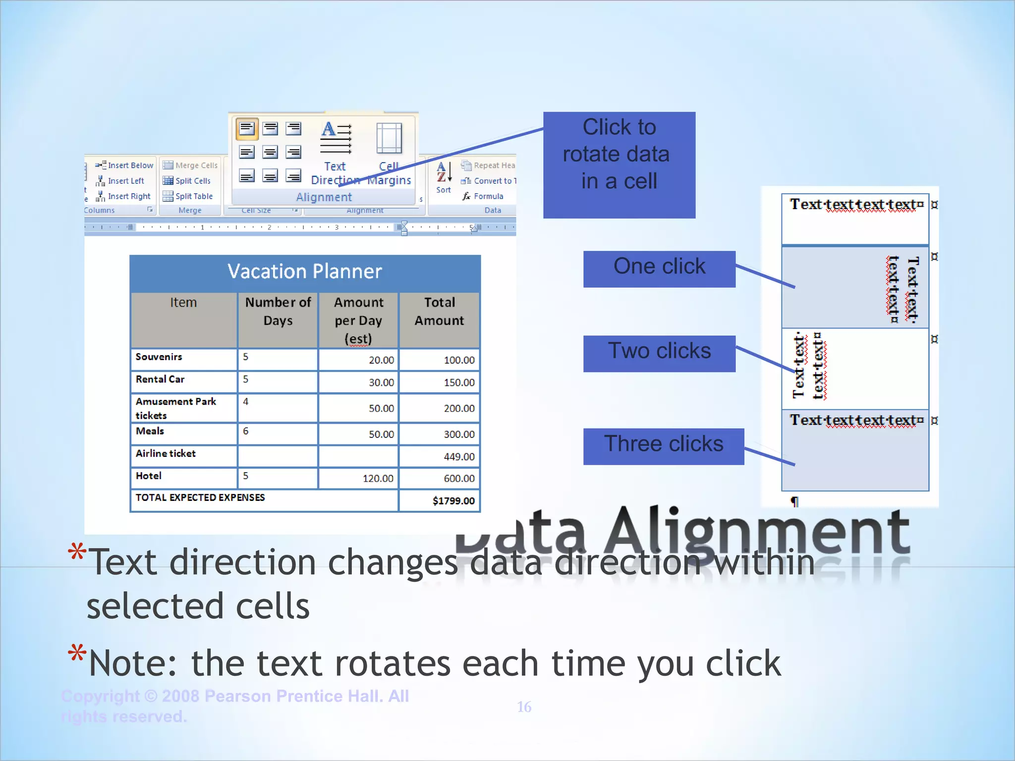 Click to
rotate data
in a cell

One click

Two clicks

Three clicks

*Text direction changes data direction within
selected cells

*Note: the text rotates each time you click

Copyright © 2008 Pearson Prentice Hall. All
rights reserved.

16

 