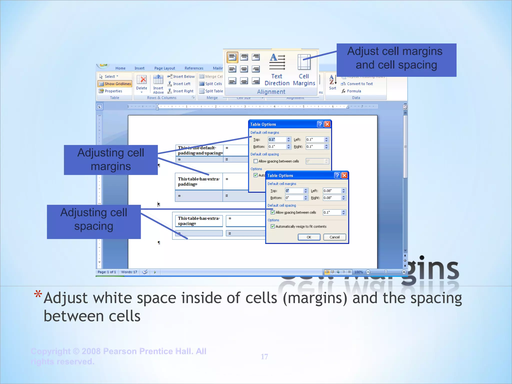 Adjust cell margins
and cell spacing

Adjusting cell
margins

Adjusting cell
spacing

* Adjust white space inside of cells (margins) and the spacing
between cells

Copyright © 2008 Pearson Prentice Hall. All
rights reserved.

17

 