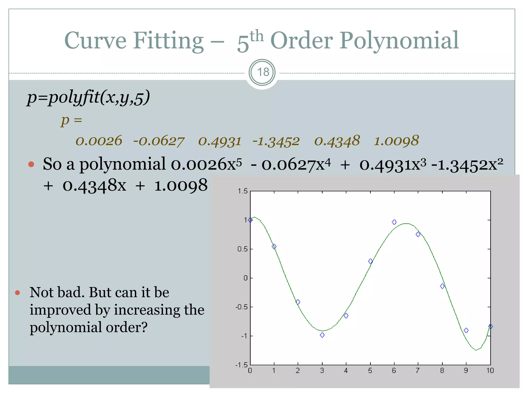 Curve Fitting – 5th Order Polynomial
p=polyfit(x,y,5)
p =
0.0026 -0.0627 0.4931 -1.3452 0.4348 1.0098
 So a polynomial 0.0026x5 - 0.0627x4 + 0.4931x3 -1.3452x2
+ 0.4348x + 1.0098
18
 Not bad. But can it be
improved by increasing the
polynomial order?
 
