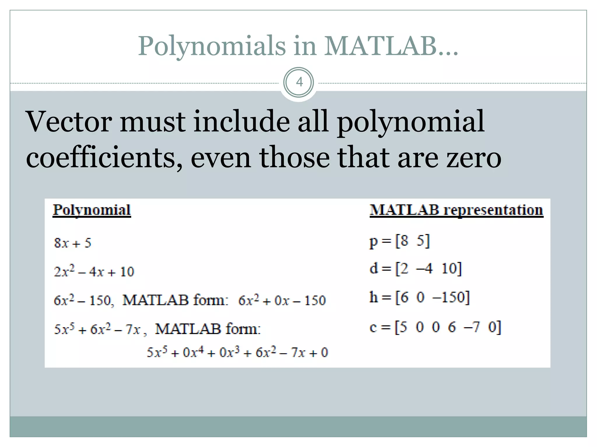 Polynomials in MATLAB…
Vector must include all polynomial
coefficients, even those that are zero
4
 