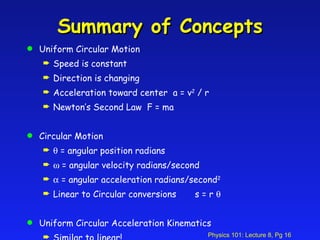 Summary of Concepts Uniform Circular Motion Speed is constant Direction is changing Acceleration toward center  a = v 2  / r Newton’s Second Law  F = ma Circular Motion    = angular position radians    = angular velocity radians/second    = angular acceleration radians/second 2 Linear to Circular conversions  s = r   Uniform Circular Acceleration Kinematics Similar to linear! 