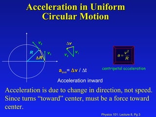 Acceleration in Uniform Circular Motion a ave =   v  /   t  Acceleration inward Acceleration is due to change in direction, not speed.  Since turns “toward” center, must be a force toward center. v 1 v 2  v v 2 v 1 R  R centripetal acceleration 