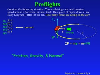 Preflights   Consider the following situation: You are driving a car with constant speed around a horizontal circular track. On a piece of paper, draw a Free Body Diagram (FBD) for the car.  How many forces are acting on the car?   A) 1  B) 2  C) 3  D) 4  E) 5   1% 24% 38% 23% 14% “ Friction, Gravity, & Normal” f W F N correct  F  = m a  = m v 2 /R a=v 2 /R R 