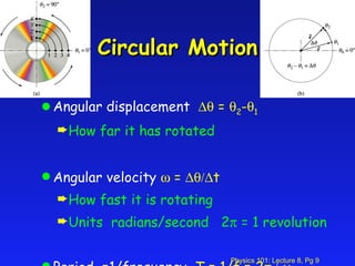 Circular Motion Angular displacement    =   2 -  1 How far it has rotated Angular velocity    =   t  How fast it is rotating Units  radians/second  2   = 1 revolution Period  =1/frequency  T = 1/f = 2  Time to complete 1 revolution 