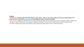 S Curve is a simple graph that plots project costs, hours, units, or any other values of the sorts depending on the
need and the requirement. S-curves can be plotted for each of these quantities.
Then, we can compare the different S-curves plotted during the lifetime of a construction project to provide valuable insights into
the current status of the project. Construction managers commonly use the S-curve because they provide insights into the
cumulative budget and actual and remaining values during the entire lifecycle of a construction project.
 